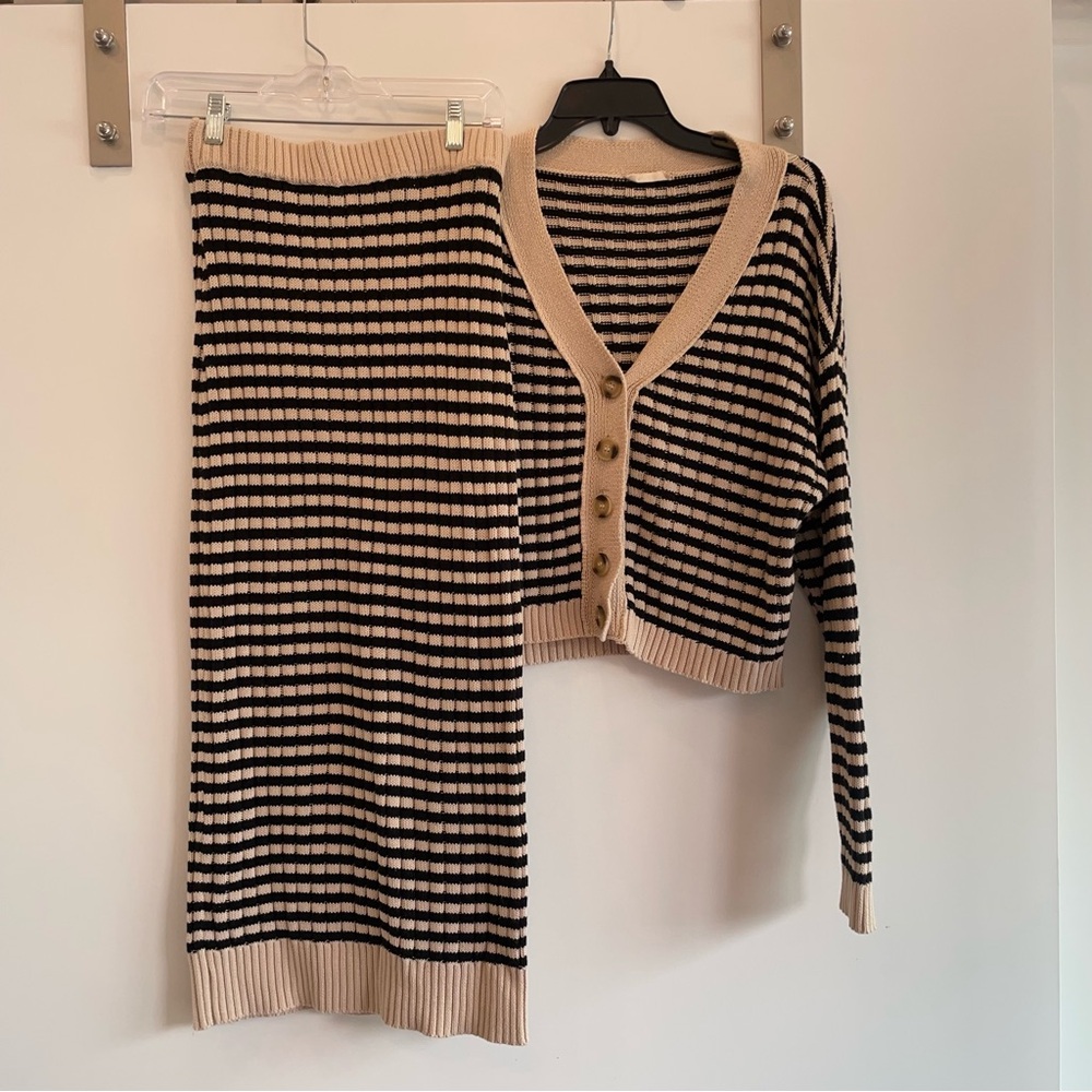Cream and black striped cardigan set